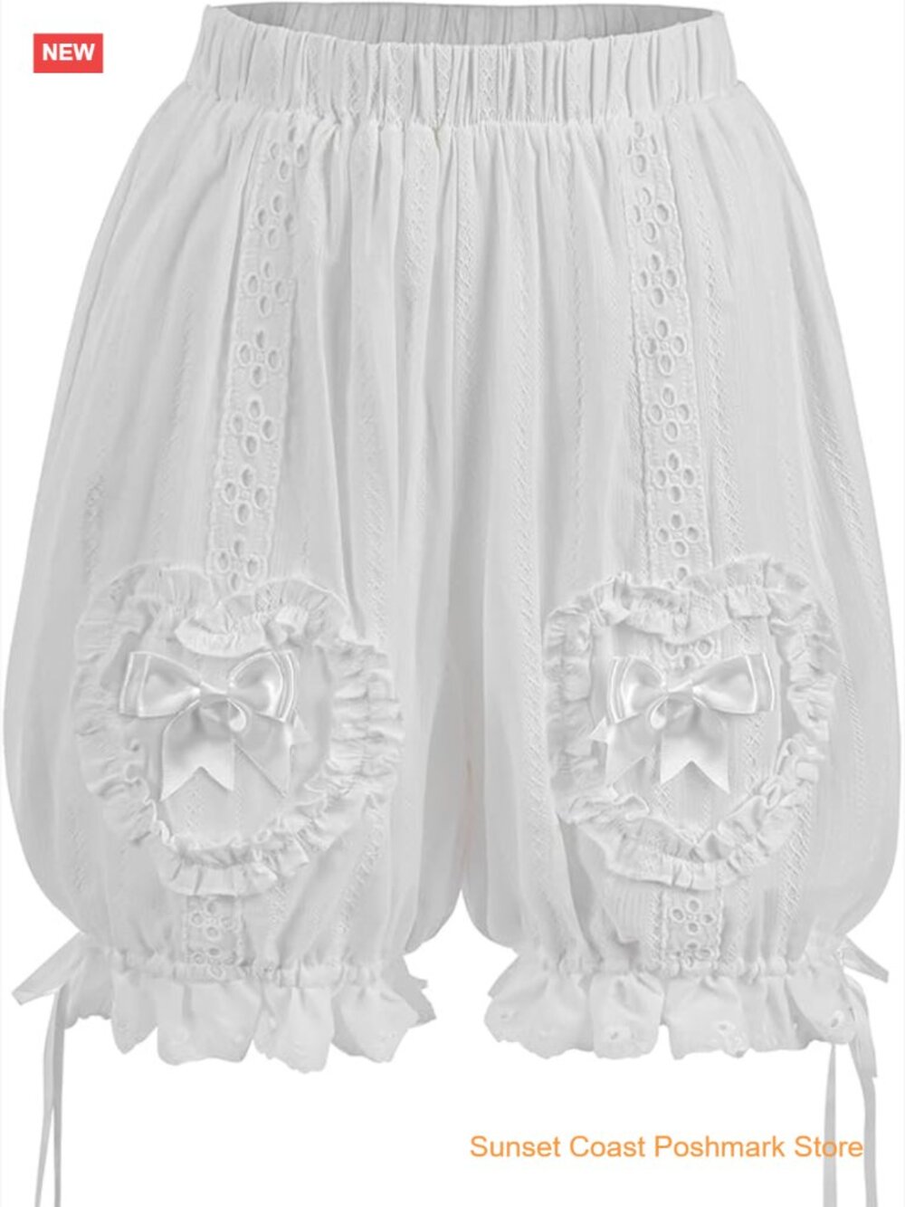 White Lace Heart Ruffle Bloomers - Feminine Cotton Shorts